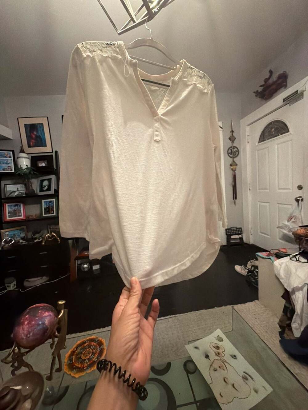 H&M Women's Ivory Henley Blouse with Lace Back Detail